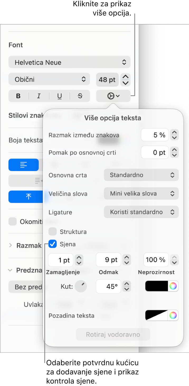 Napredne opcije otvorene s odabranom kućicom Sjena i kontrole za podešavanje zamagljenja, otklona, neprozirnosti, kuta i boje.