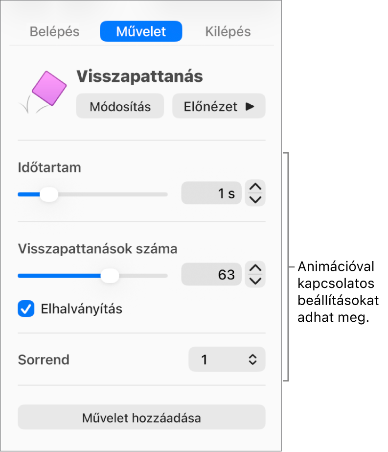 Műveletvezérlők az oldalsáv Animálás szakaszában.