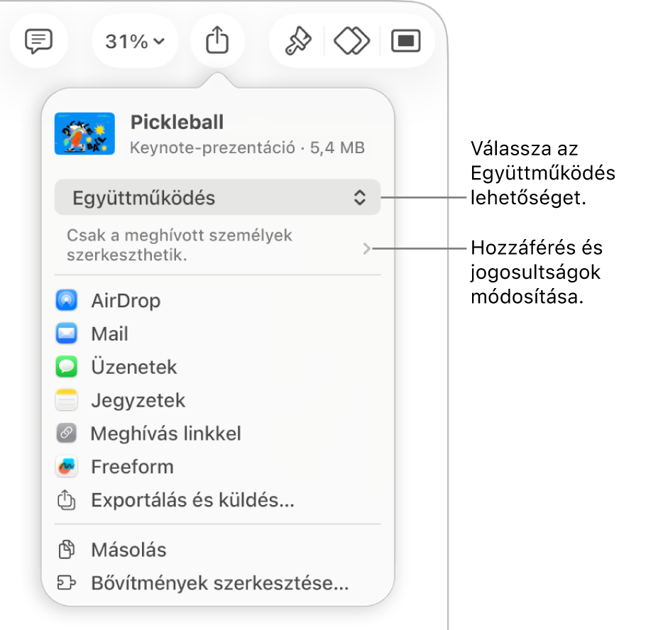 A Megosztás menü a felül kijelölt Együttműködés lehetőséggel, és az alatt látható hozzáférési és jogosultsági beállításokkal.