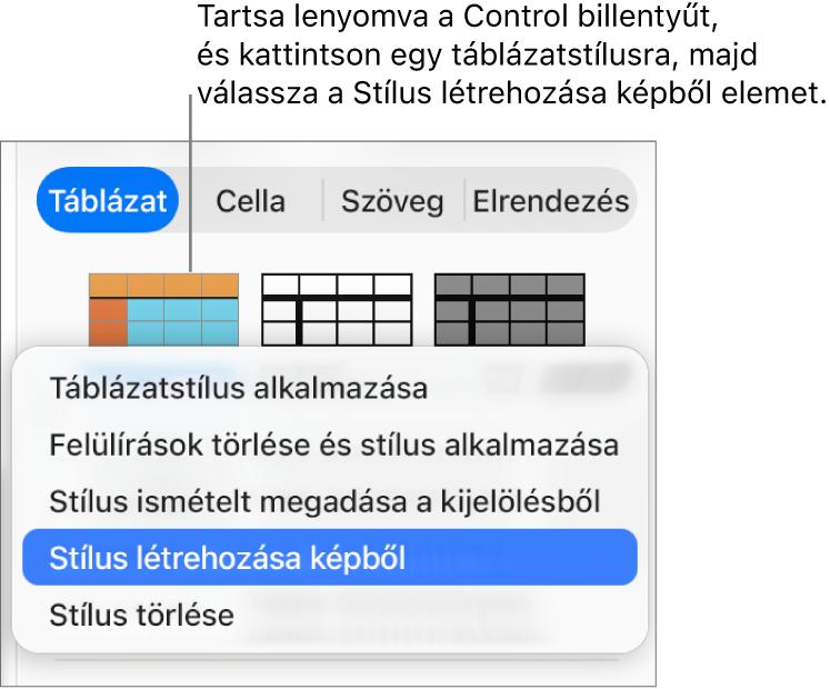A Táblázatstílus helyi menü.