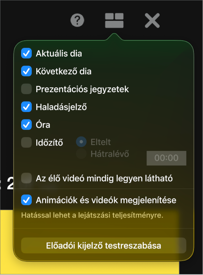 Az előadói kijelző beállításai, többek között az Aktuális dia, a Következő dia, a Prezentációs jegyzetek, a Haladásjelző, az Óra és az Időzítő. Az időzítő további beállításokat is biztosít, amelyekkel megjelenítheti az eltelt időt vagy a hátralévő időt.