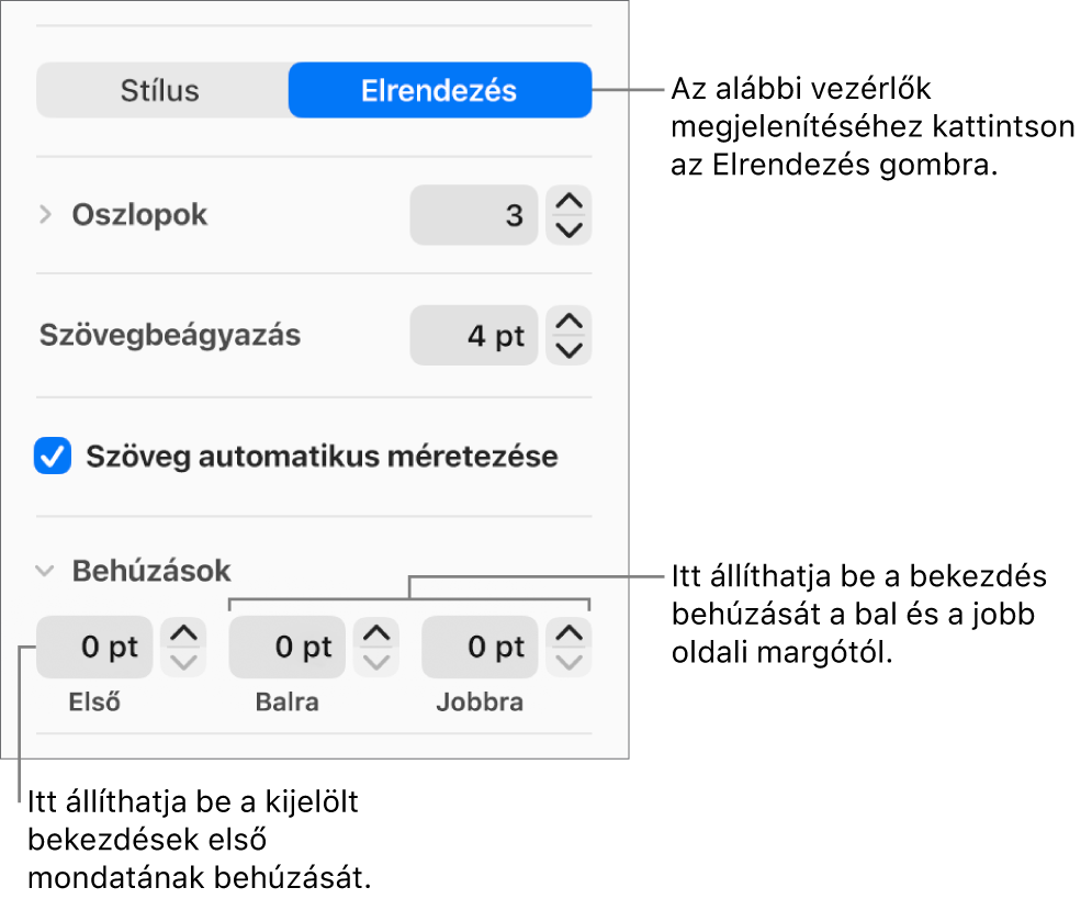 Az első sori behúzás és bekezdésmargók beállítására szolgáló vezérlők a Formátum oldalsáv Elrendezés területén.