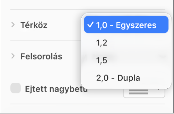 A Térköz előugró menü a Szimpla, Dupla és más beállításokkal.