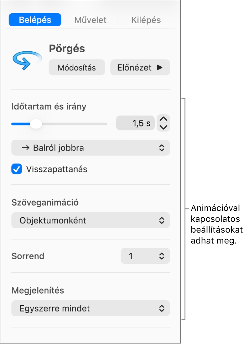 Belépési beállítások az oldalsáv Animálás lapján.