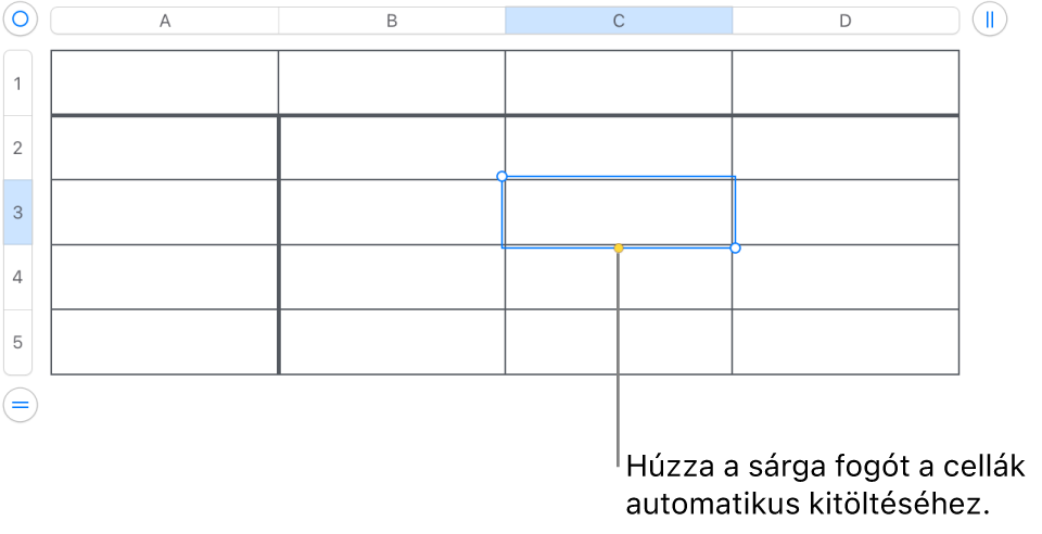 Egy kijelölt cella sárga fogantyúval, amelyet igény szerint elhúzhat a cellák automatikus kitöltéséhez.