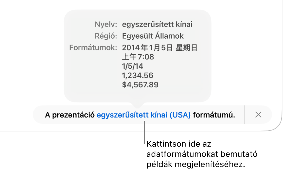 Értesítés az eltérő nyelvi és regionális beállításokról, és látható néhány példa az adott nyelvre és régióra jellemző formátumokra.