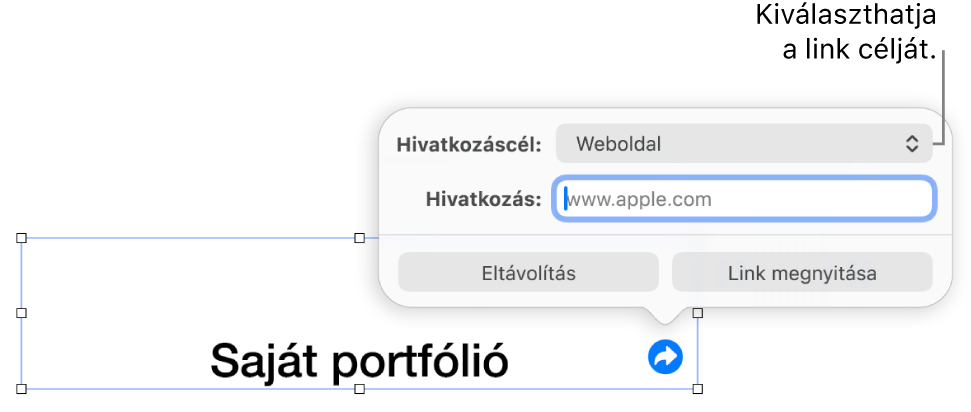 A linkszerkesztő vezérlői a kijelölt Weboldal elemmel, illetve az alul megjelenő Eltávolítás és Link megnyitása gombokkal.