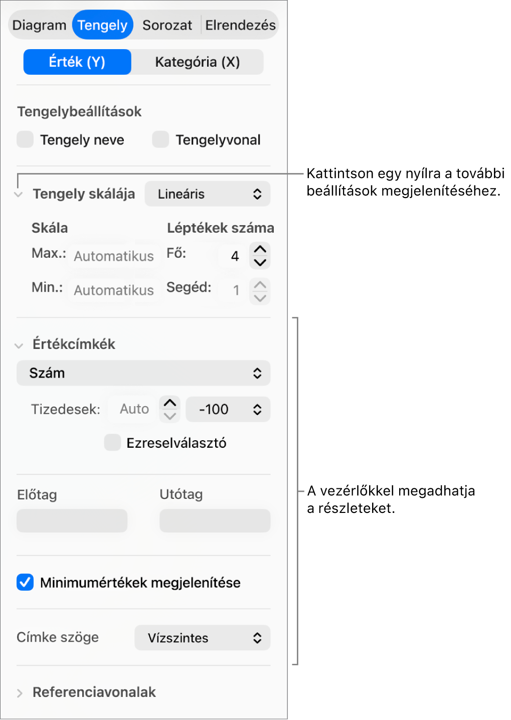 Vezérlők a diagramtengelyek jelölésének formázására.