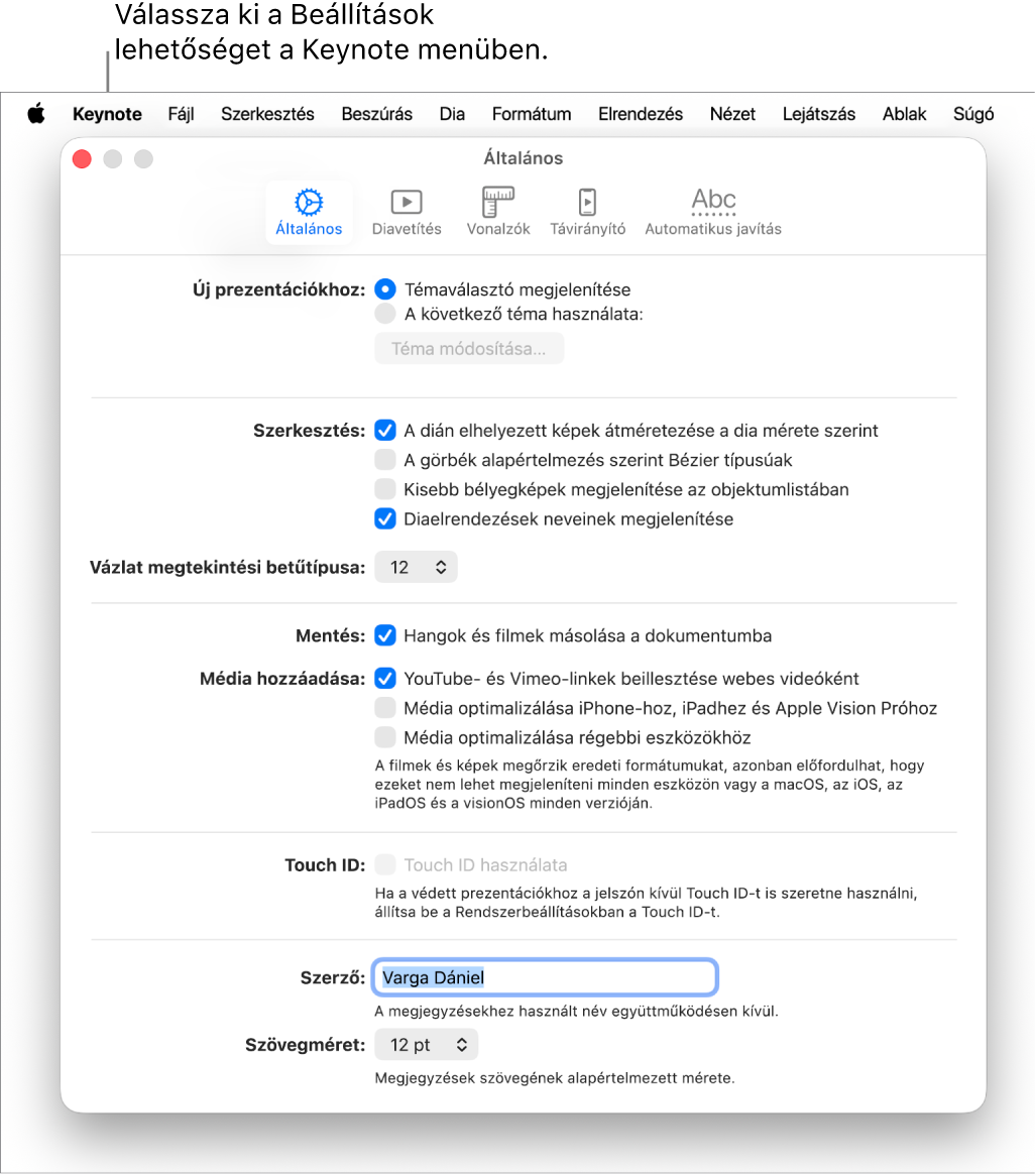 A megnyitott Keynote-beállítások ablak az Általános panellel.