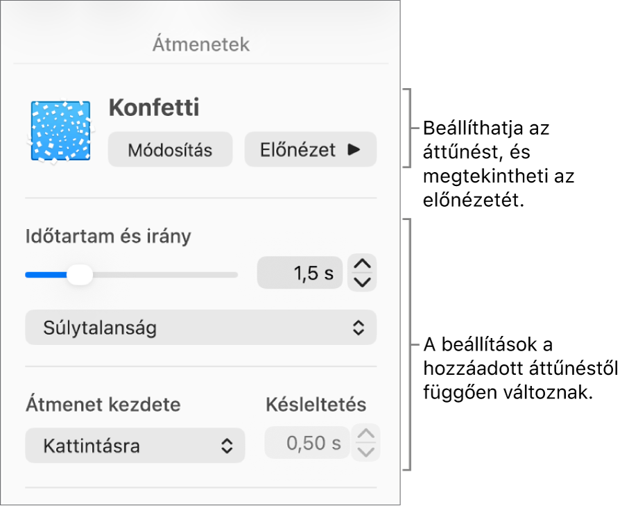 Az Áttűnések vezérlői az oldalsáv Áttűnések szakaszában.