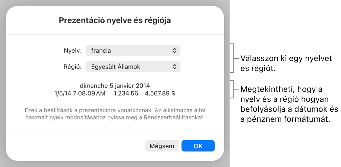 A Nyelv és régió panel a nyelv és a régió vezérlőivel, valamint egy formátumot bemutató példával, amely tartalmazza a dátum, az idő, a tizedesek és a pénznem formátumát.