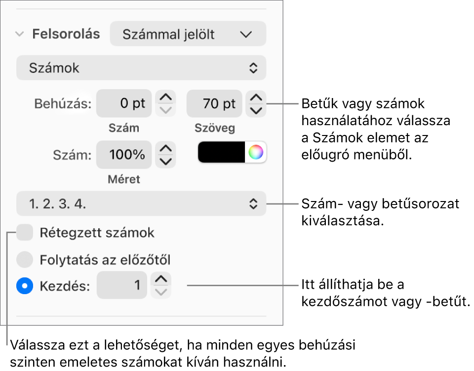 Lista számstílusának és térközének módosítására szolgáló vezérlők.