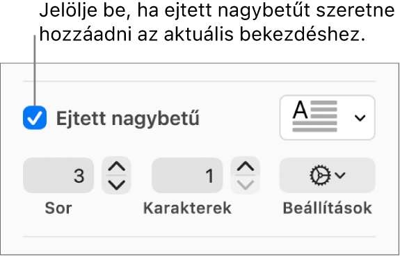 Az Ejtett nagybetű jelölőnégyzet be van jelölve, a négyzet jobb oldalán egy előugró menü látható, a menü alatt pedig a sorok magasságának, a karakterek számának és az egyéb lehetőségeknek beállítására szolgáló vezérlők jelennek meg.