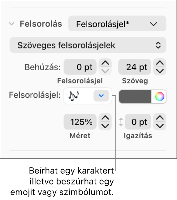A Formátum oldalsáv Felsorolásjelek és listák szakasza. A Felsorolások mező egy virág emojival