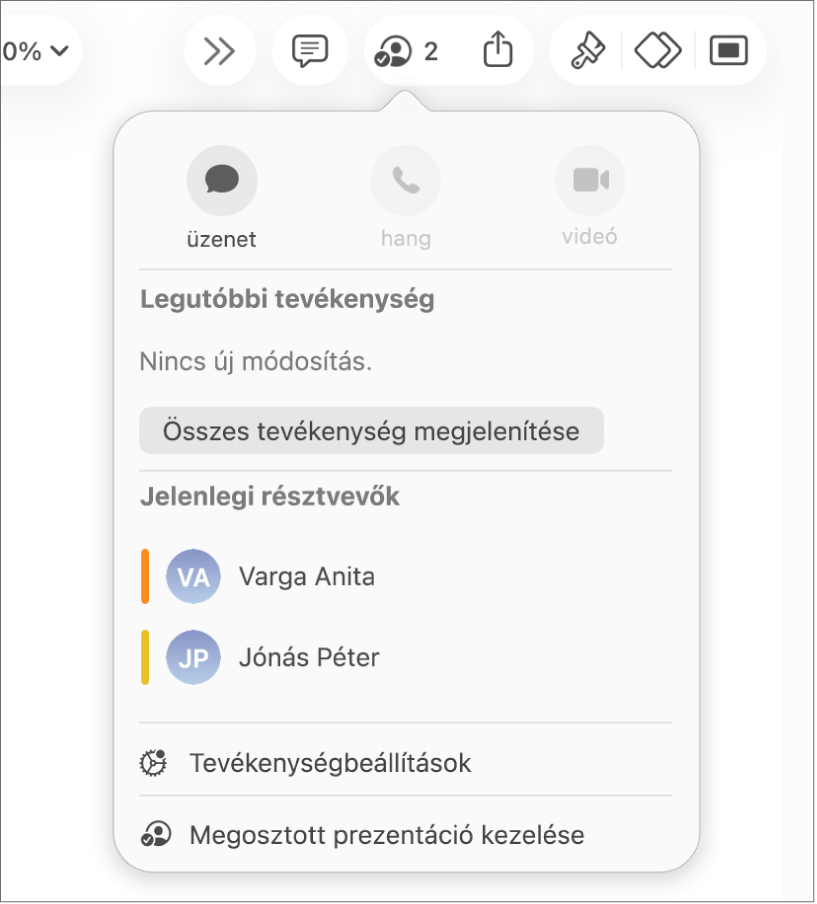 Az együttműködés menü, amelyben a prezentáción együttműködő személyek nevei láthatók.