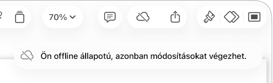 A képernyő tetején található gombok, ahol az Együttműködés gomb egy átlósan áthúzott felhőre módosul. Figyelmeztetés a képernyőn: „Offline módban van, de folytathatja a szerkesztést”.