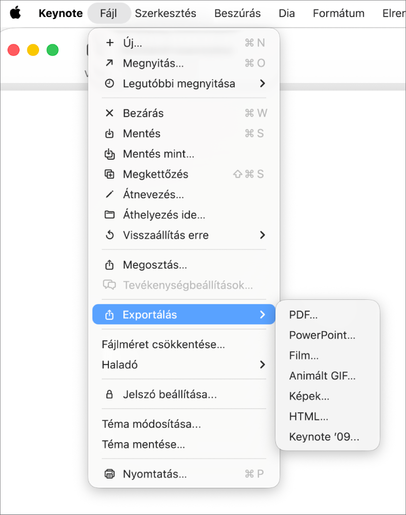 A megnyitott Fájl menü a kijelölt Exportálás ide lehetőséggel, amelynek az almenüjében különböző exportálási lehetőségek (pl. PDF, PowerPoint és Movie) láthatók.