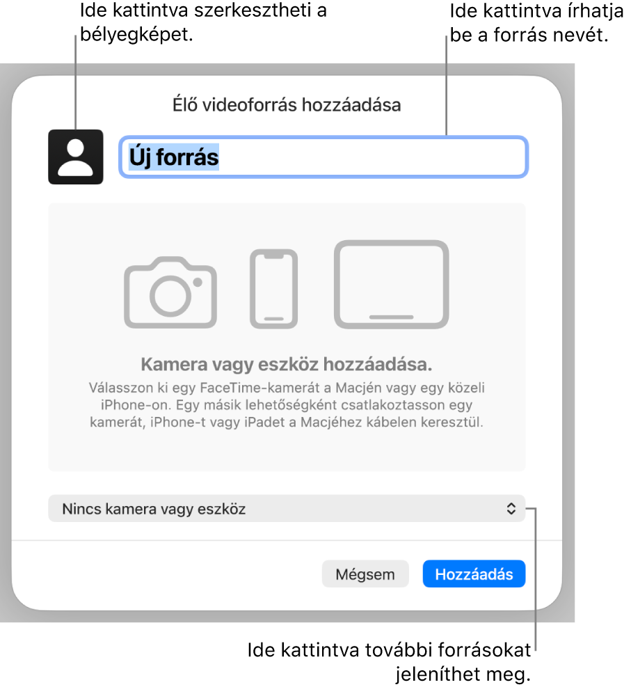 Az Élő videoforrás hozzáadása ablak a forrás nevének módosítására szolgáló vezérlőkkel, felül a bélyegképpel és alul a további források kiválasztására szolgáló lehetőséggel.