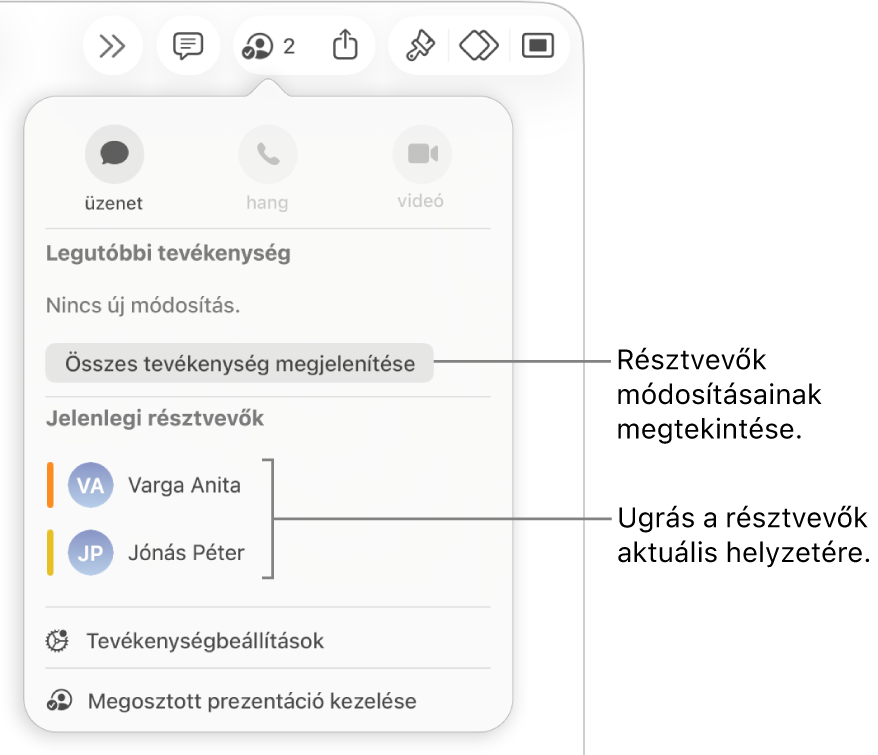 Az együttműködési menü két jelenlegi résztvevővel.