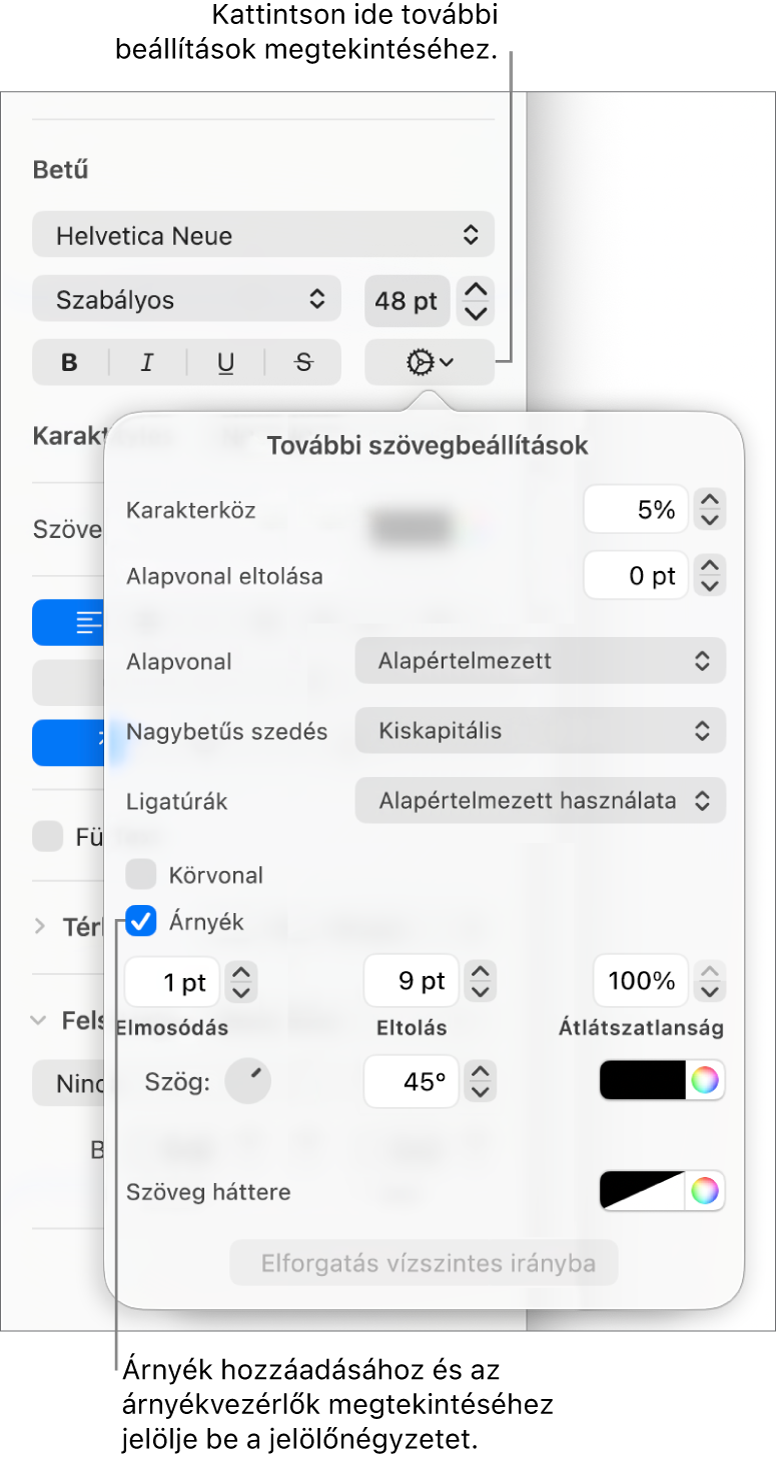 A Haladó beállítások megnyitott állapotban a bejelölt Árnyék jelölőnégyzettel, valamint az elmosódás, az eltolás, az átlátszatlanság, a szög és a szín beállítására szolgáló vezérlőkkel.