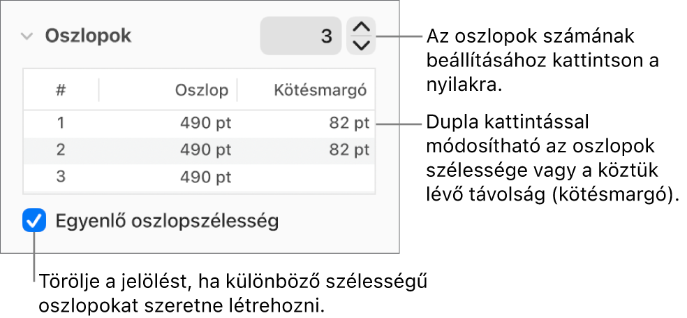 Vezérlők az oszlop szakaszban a hasábok számának és az egyes hasábok szélességének módosításához.
