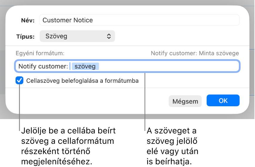 Egyéni szövegcella-formátum.