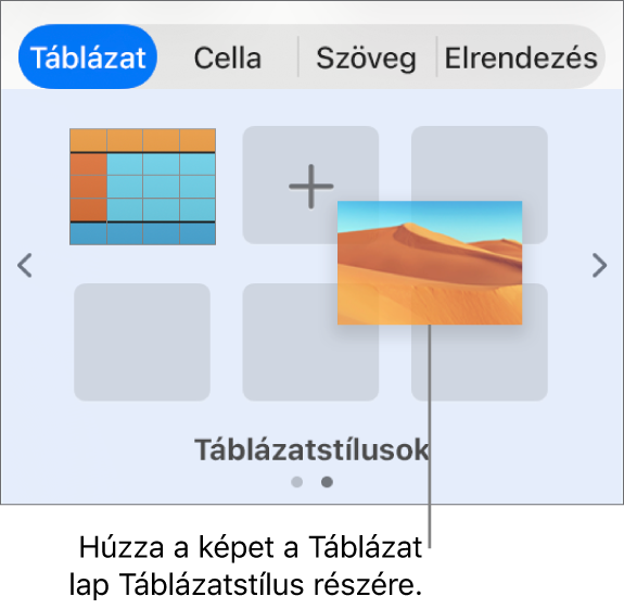 Új stílus létrehozása egy kép táblázatstílusokhoz történő húzásával.