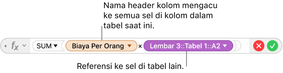 Editor Formula dengan segitiga yang Anda klik untuk membuka pilihan untuk mempertahankan rujukan baris dan kolom.