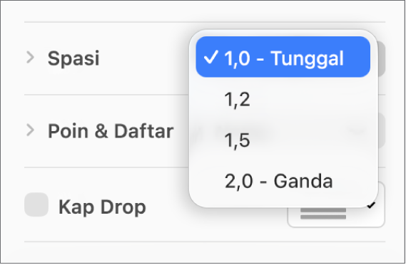 Menu pop-up Spasi dengan Tunggal, Ganda, dan pilihan lainnya.