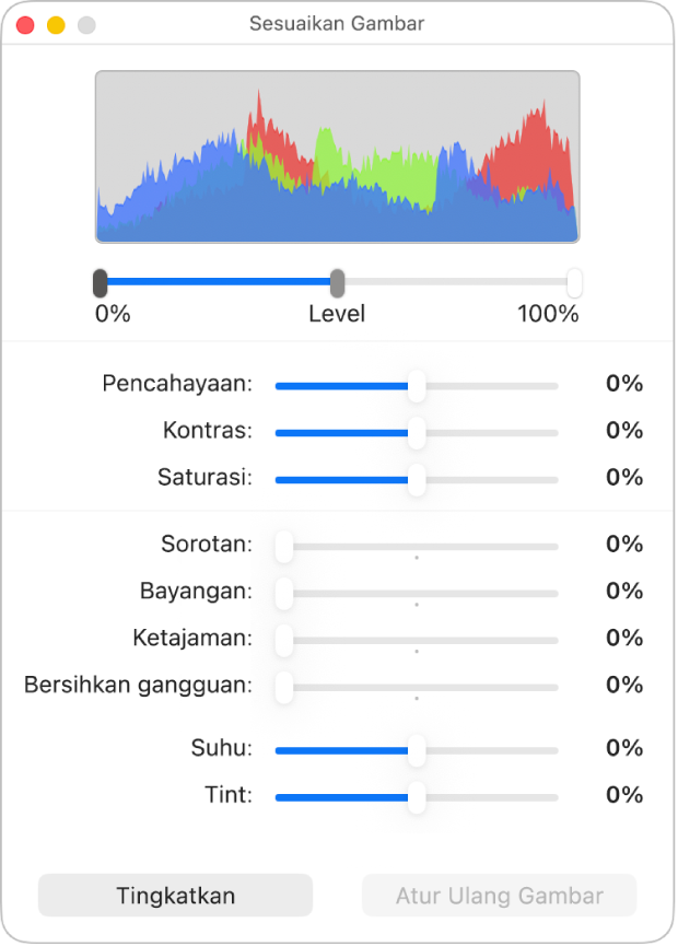 Jendela Sesuaikan Gambar dengan penggeser untuk mengatur pencahayaan, kontras, saturasi, sorotan, bayangan, pertajam, bersihkan gangguan, suhu, dan tint.