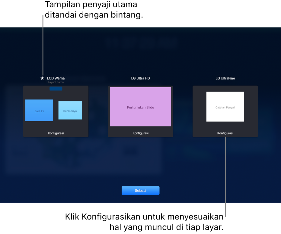 Layar Konfigurasi Layar menampilkan tiga gambar mini yang mewakili MacBook dan dua layar eksternal. Tombol Konfigurasi muncul di bagian bawah setiap gambar kecil. Layar MacBook diberi label Layar Utama dengan bintang di samping namanya. Tombol Selesai muncul di bagian bawah layar.