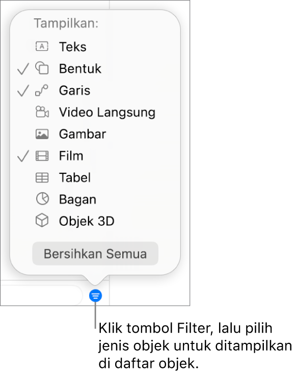 Menu pop-up Filter terbuka, dengan daftar jenis objek yang dapat disertakan dalam daftar (teks, bentuk, garis, gambar, film, tabel, dan bagan).