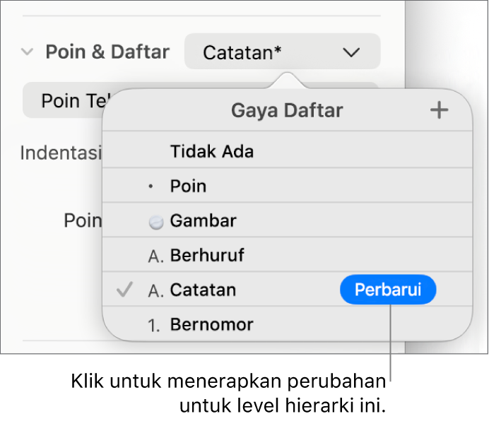 Menu pop-up Gaya Daftar dengan tombol Perbarui di samping nama gaya baru.