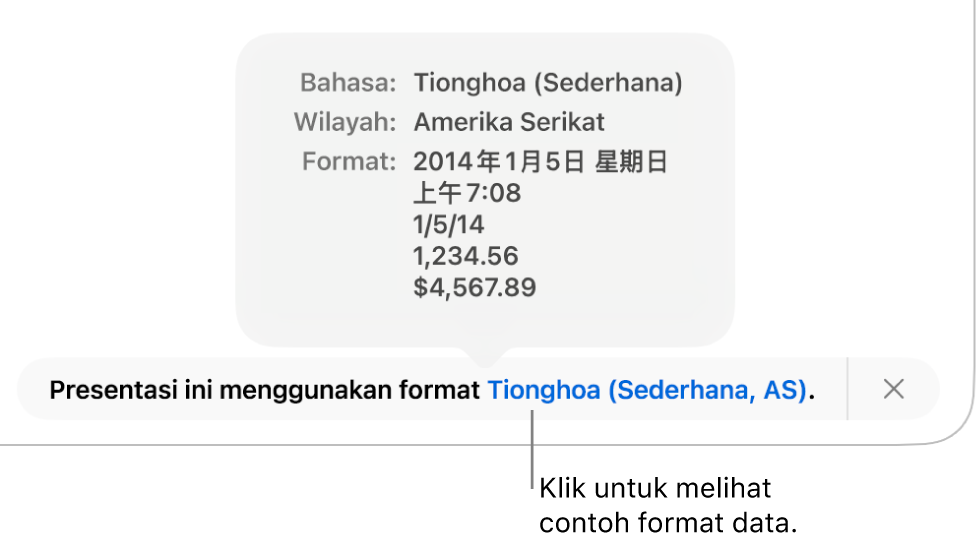 Pemberitahuan pengaturan bahasa dan wilayah yang berbeda, menunjukkan contoh format dalam bahasa dan wilayah tersebut.