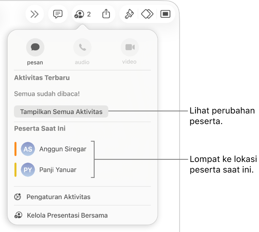 Menu kolaborasi dengan dua peserta saat ini terdaftar.