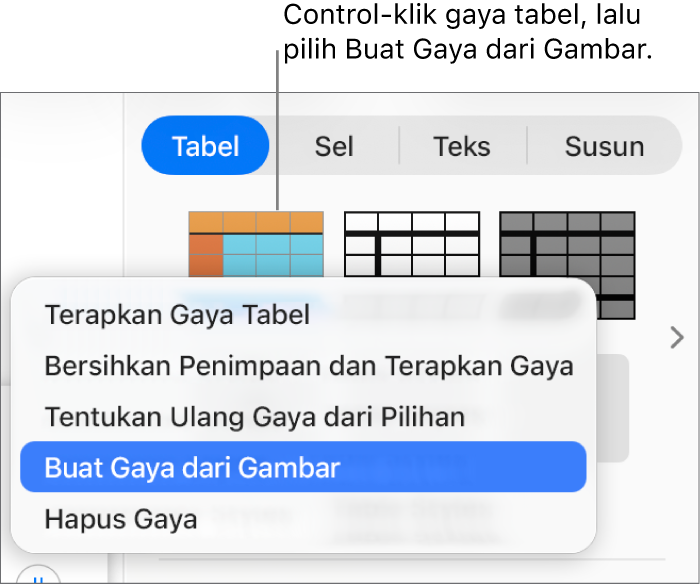 Menu pintasan gaya tabel.