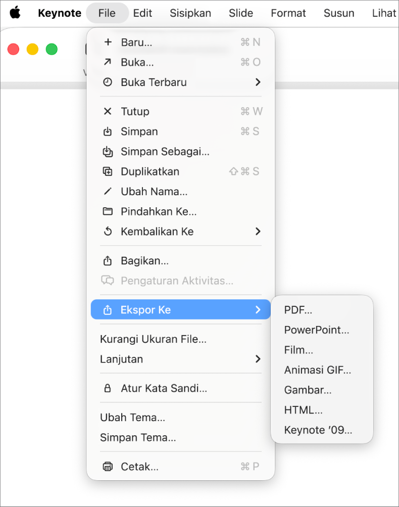 Menu File terbuka dengan Ekspor Ke dipilih dan submenunya menampilkan pilihan ekspor seperti PDF, PowerPoint, dan Film.