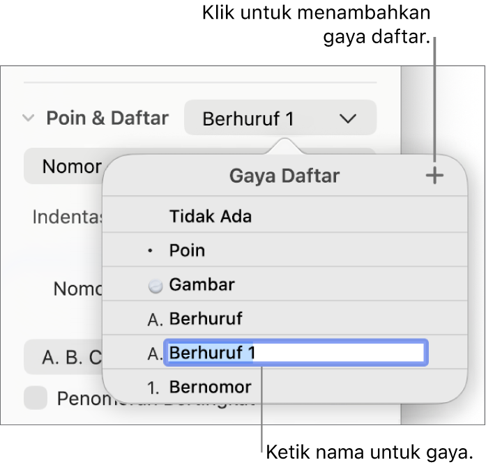 Menu pop-up Gaya Daftar dengan tombol Tambah di pojok kanan atas dan nama gaya placeholder dengan teksnya dipilih.