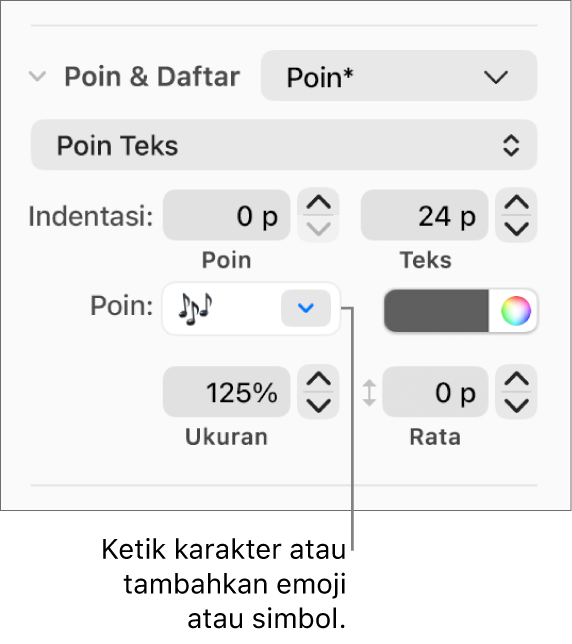Bagian Poin & Daftar pada bar samping Format. Bidang Poin menampilkan emoji bunga.