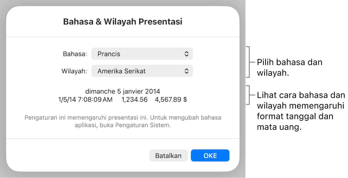 Panel Bahasa & Wilayah dengan kontrol untuk bahasa dan wilayah, serta contoh format termasuk tanggal, waktu, desimal, dan mata uang.