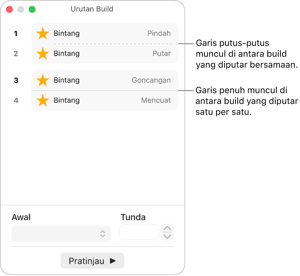 Menu Susunan Build, dengan titik putus-putus muncul di antara build yang diputar bersamaan dan garis penuh di antara build yang diputar satu per satu.