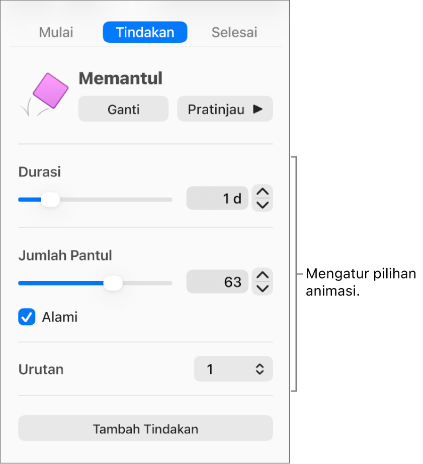 Kontrol Tindakan di bagian Buat Animasi pada bar samping.
