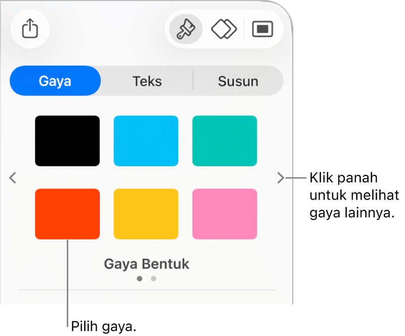Tab Gaya bar samping Format dengan enam gaya objek dan panah navigasi di kiri dan kanan objek.