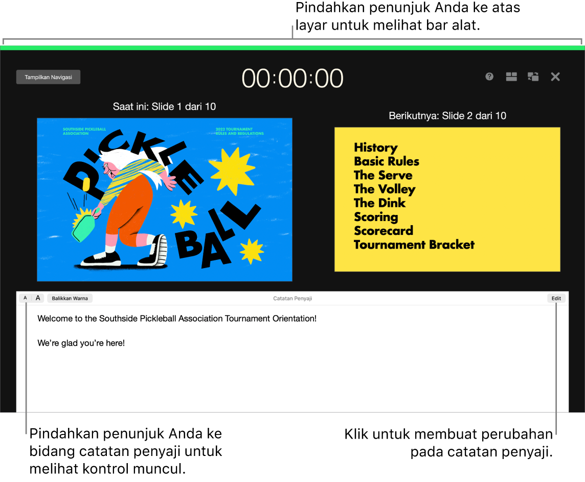 Tampilan penyaji Keynote dengan tombol untuk membuka dan menutup navigator slide dan menampilkan pilihan di sepanjang bagian atas layar. Slide saat ini dan slide berikutnya muncul di tengah layar, dengan bidang Catatan Penyaji di bagian bawah.