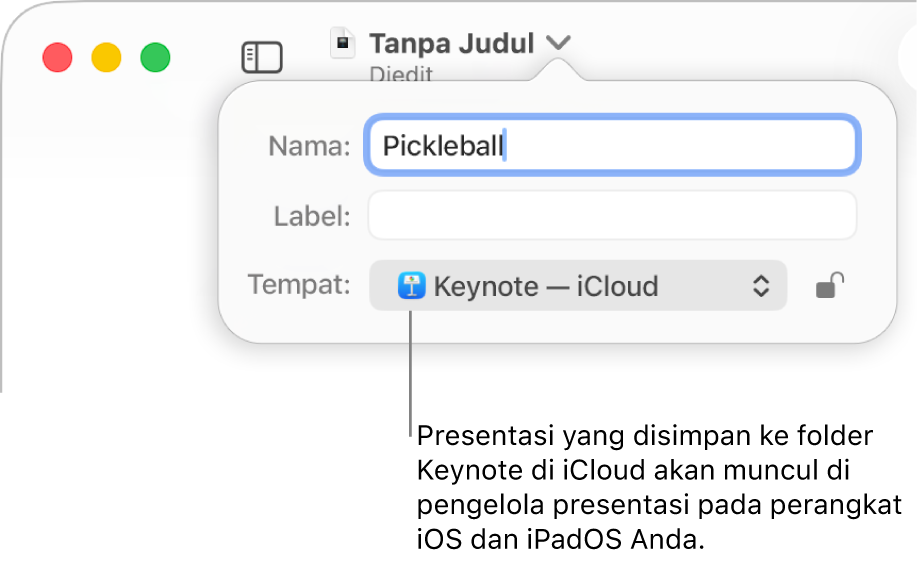 Dialog Simpan untuk presentasi dengan Keynote—iCloud di menu pop-up Tempat.