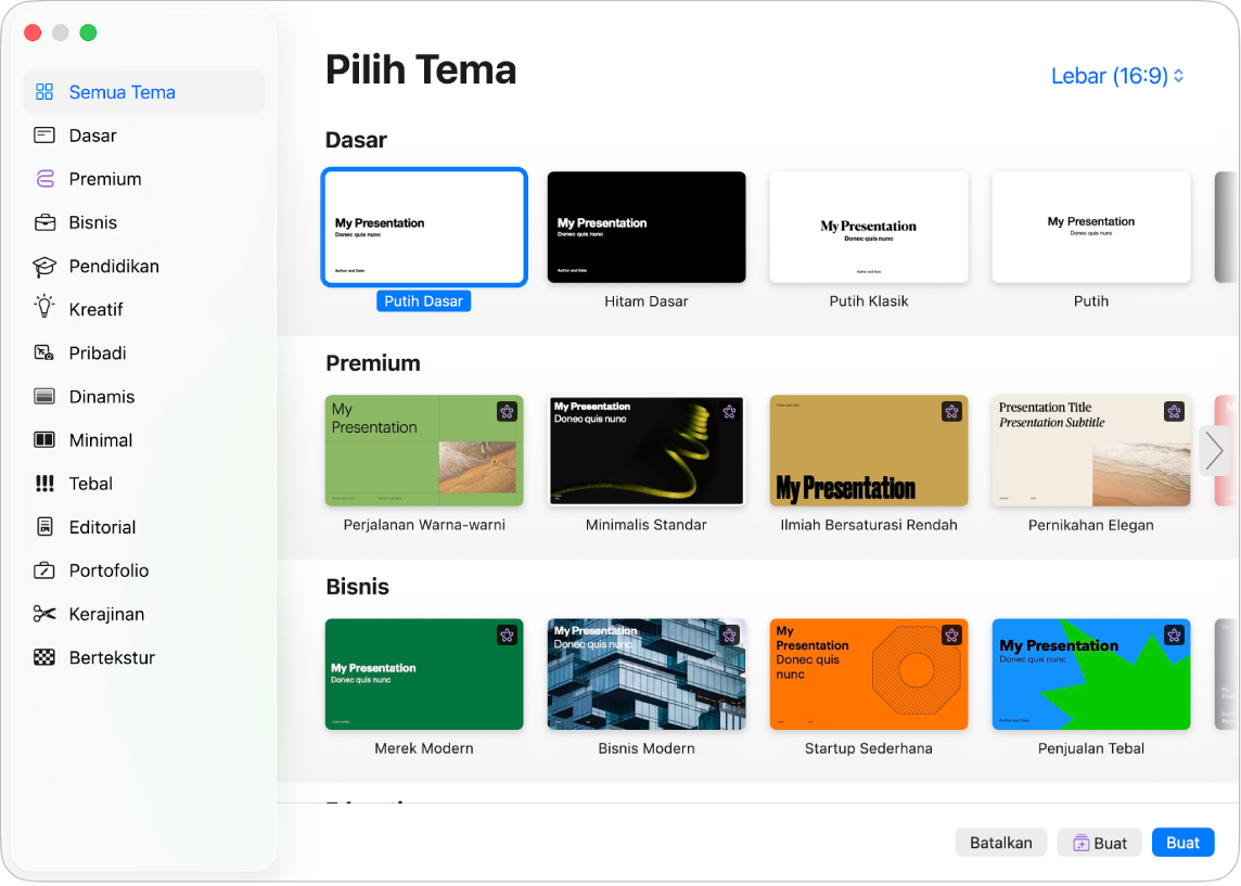 Pemilih tema. Bar samping di sebelah kiri mencantumkan kategori tema yang dapat Anda klik untuk memfilter pilihan. Di sebelah kanan terdapat gambar mini tema yang dirancang sebelumnya, yang diatur dalam baris menurut kategori.