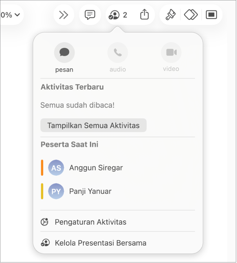 Menu kolaborasi menampilkan nama orang yang berkolaborasi di presentasi.