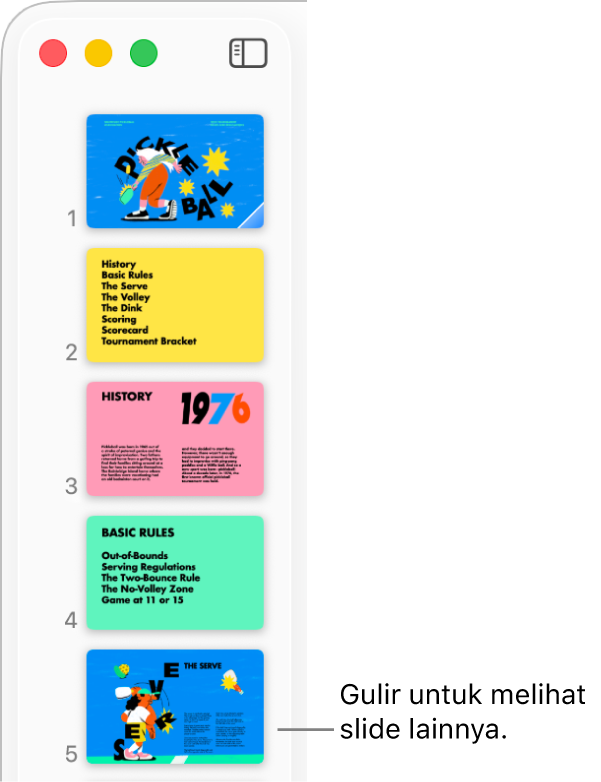 Navigator slide menggambarkan lima slide secara vertikal dalam urutan yang berurutan, dengan pilihan untuk menggulir ke bawah untuk melihat slide lainnya.
