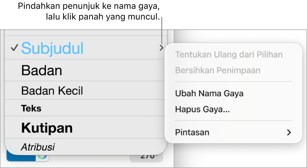 Menu Gaya Paragraf dengan menu pintasan yang terbuka.