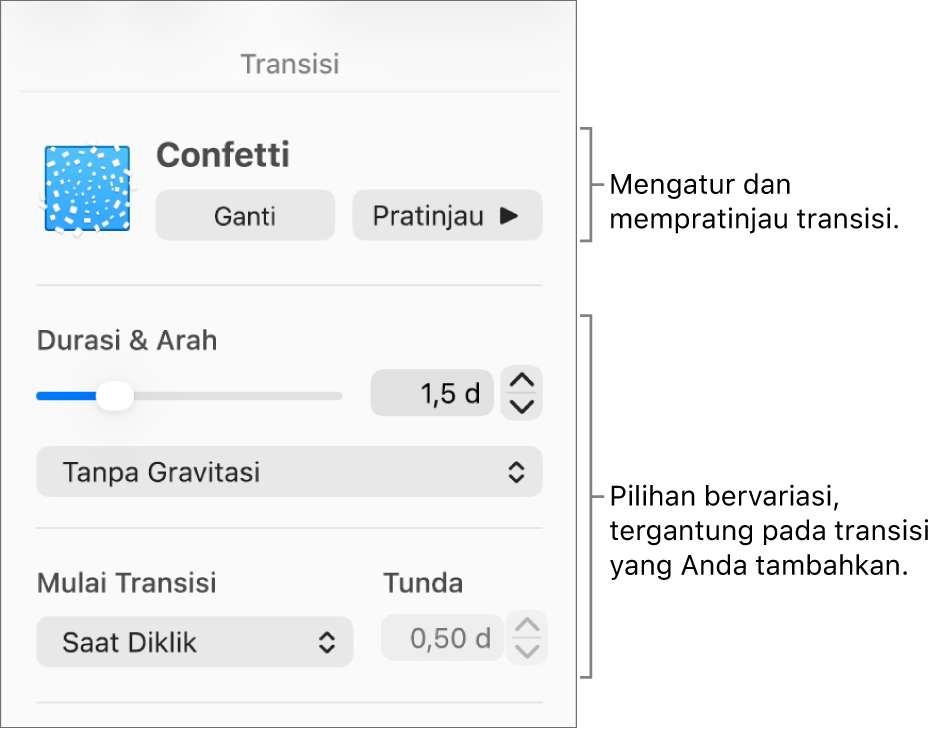 Kontrol Transisi di bagian Transisi pada bar samping.